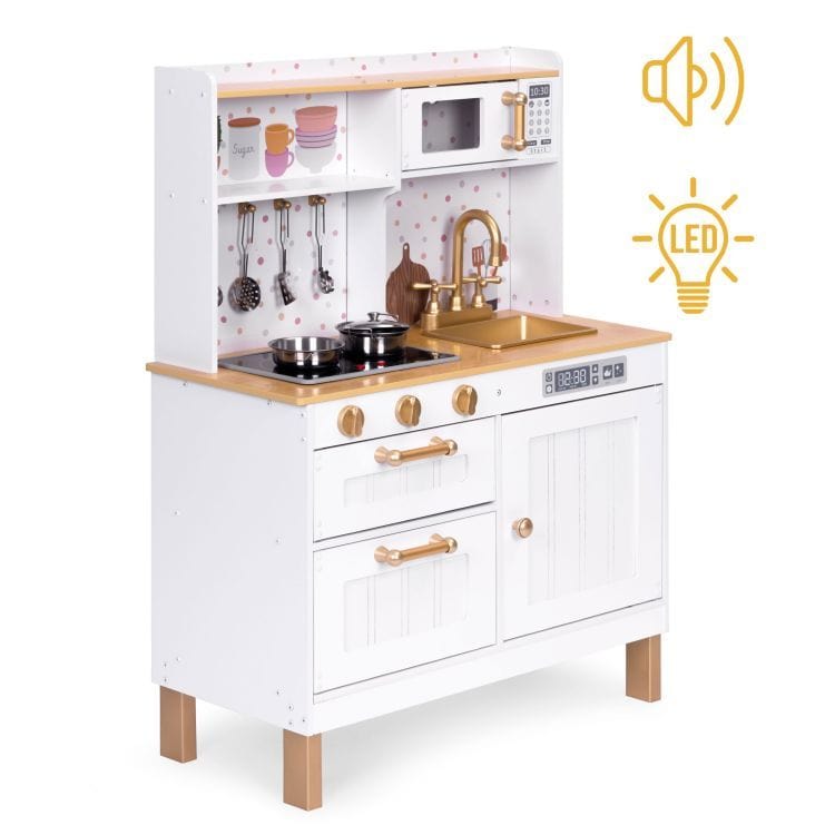 Meowbaby Large Wooden Play Kitchen for Children with Sounds and LED, Opening Cabinets, 7 Accessories